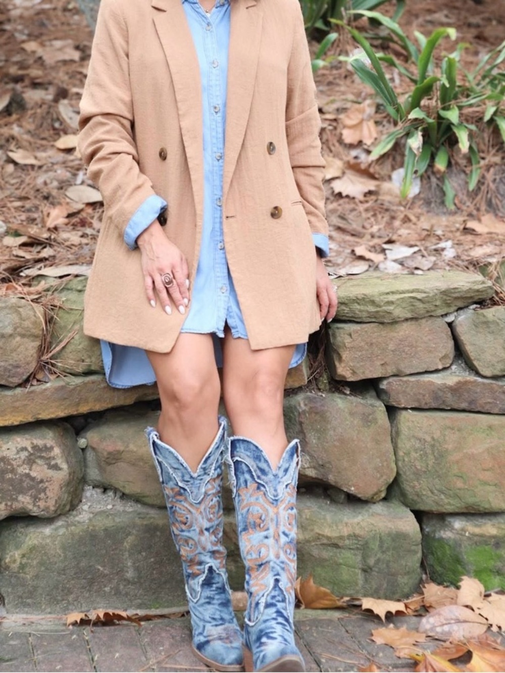 dingo Distressed Denim Cowboy Boots with Brown Embroidery - Picture 3 of 3